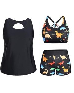 Holipick Women's Black Dinosaur Plus Size Swimsuit Set