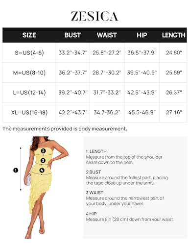 ZESICA Women's 2024 Strapless Bodycon Tube Dress Sexy Off Shoulder Mesh Irregular Ruffle Backless Party Midi Dresses,LightYellow,Small