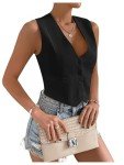 SHENHE Women's V Neck Sleeveless Button Down Crop Vest Top Blazer Coat Office Suit Black L
