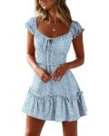 YOBECHO Women's Summer Ruffle Sleeve Sweetheart Neckline Printing Dress Mini Dress A-Light Blue