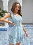 YOBECHO Women's Summer Ruffle Sleeve Sweetheart Neckline Printing Dress Mini Dress A-Light Blue