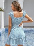 YOBECHO Women's Summer Ruffle Sleeve Sweetheart Neckline Printing Dress Mini Dress A-Light Blue