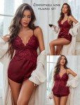 Dark Red Lace Silky Pajama Set for Women