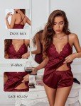 Dark Red Lace Silky Pajama Set for Women