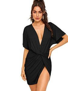 Floerns Women's Deep V Neck Twisted Plunging High Slit Mini Party Dress A Black Pure M