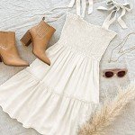 ZESICA Women's 2024 Summer Spaghetti Strap Sleeveless Square Neck Ruffle A Line Swing Mini Dress,Ivory,Small