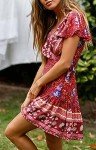 ZESICA Women's 2024 Summer Wrap V Neck Bohemian Floral Print Ruffle Swing A Line Beach Mini Dress,Red,Medium