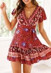 ZESICA Women's 2024 Summer Wrap V Neck Bohemian Floral Print Ruffle Swing A Line Beach Mini Dress,Red,Medium