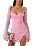Pink Halter Ruched Mini Dress with Sheer Mesh