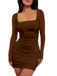 Coffee Ruched Bodycon Mini Dress with Long Sleeves