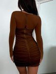 Coffee Ruched Bodycon Mini Dress with Long Sleeves