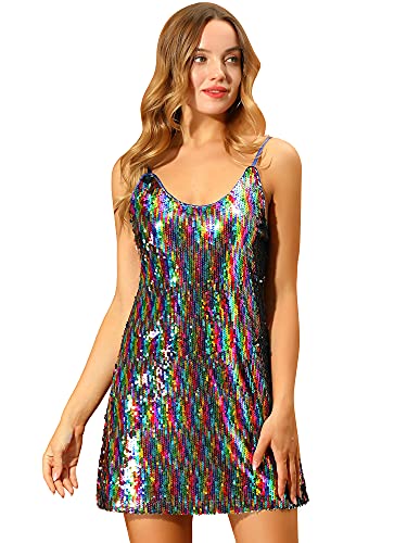 Allegra K Women's Glitter Sequin Dress V Neck Spaghetti Strap Christmas Mini Party Dress Clubwear Small Rainbow