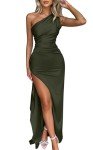 One Shoulder Satin High Split Maxi Dress