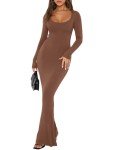 REORIA Women's Elegant Ribbed Long Sleeve Maxi Dress