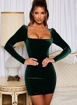 Dark Green Velvet Long Sleeve Bodycon Mini Dress