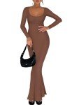 REORIA Women's Elegant Ribbed Long Sleeve Maxi Dress