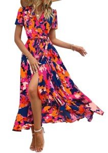 PRETTYGARDEN Women's Summer Wrap Maxi Dress Casual Boho Floral V Neck Short Sleeve Ruffle Hem Split Beach Long Dresses (Blue Orange Floral,X-Large)
