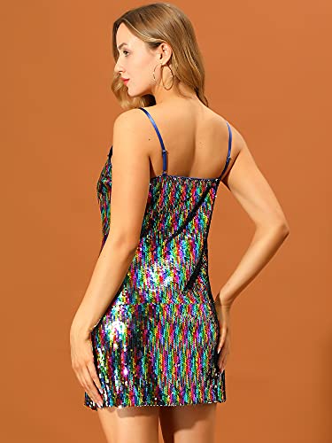 Allegra K Women's Glitter Sequin Dress V Neck Spaghetti Strap Christmas Mini Party Dress Clubwear Small Rainbow