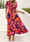 PRETTYGARDEN Women's Summer Wrap Maxi Dress Casual Boho Floral V Neck Short Sleeve Ruffle Hem Split Beach Long Dresses (Blue Orange Floral,X-Large)