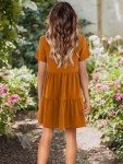 Amoretu Summer V Neck Shift Tunic Dresses Short Sleeve Dress for Women Casual Caramel L