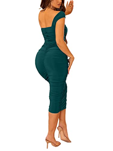 Halfword Sexy One Shoulder Midi Dress for Women Ruched Bodycon Drawstring Night Party Club Cocktail Dresses Green XL