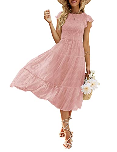 MEROKEETY Women's Boho Smocked Ruffle Sleeve Swiss Dot Chiffon Swing A-Line Beach Dresses,LightPink,M