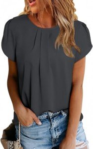 Dokotoo Womens Ladies Casual Summer Basic Pleated Tops Short Sleeve Chiffon Blouses for Women Dressy 2024 Round Neck Solid Color Loose Fit T Shirts Curved Keyhole Tops Black L