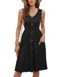 MOLERANI Womens Summer Dresses Sleeveless V Neck Front Buttons Fit and Flare Midi Dress(Black,L)
