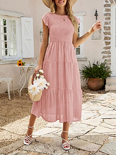 MEROKEETY Women's Boho Smocked Ruffle Sleeve Swiss Dot Chiffon Swing A-Line Beach Dresses,LightPink,M