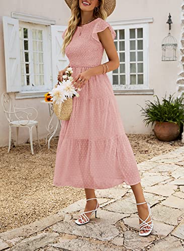 MEROKEETY Women's Boho Smocked Ruffle Sleeve Swiss Dot Chiffon Swing A-Line Beach Dresses,LightPink,M