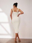 MEROKEETY Women's Striped Sleeveless Square Neck Knit Midi Dress Bodycon Slit Casual Tank Summer Sweater Dresses, Apricot, XS