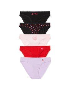 Victoria's Secret Stretch Cotton Bikini Panty Pack, Underwear for Women, 5 Pack, Love Club (M)