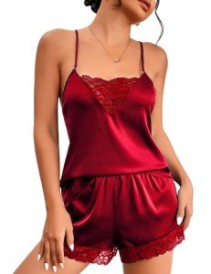 Avidlove Silk Satin Pajama Set with Lace Trim