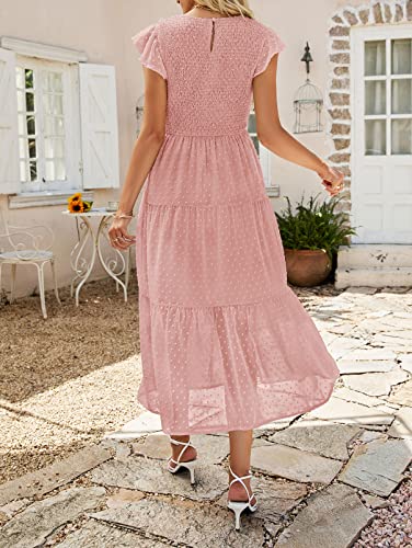 MEROKEETY Women's Boho Smocked Ruffle Sleeve Swiss Dot Chiffon Swing A-Line Beach Dresses,LightPink,M