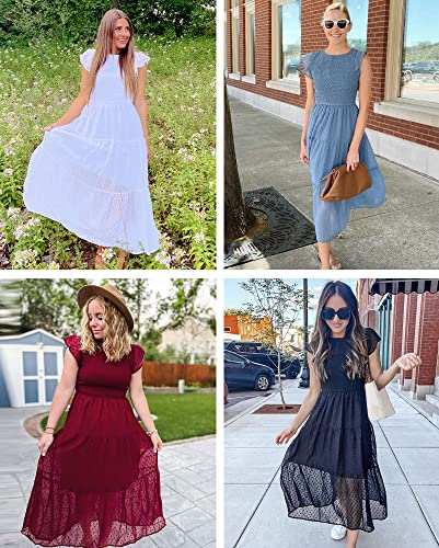 MEROKEETY Women's Boho Smocked Ruffle Sleeve Swiss Dot Chiffon Swing A-Line Beach Dresses,LightPink,M