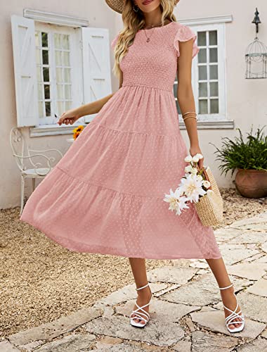 MEROKEETY Women's Boho Smocked Ruffle Sleeve Swiss Dot Chiffon Swing A-Line Beach Dresses,LightPink,M