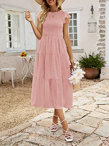 MEROKEETY Women's Boho Smocked Ruffle Sleeve Swiss Dot Chiffon Swing A-Line Beach Dresses,LightPink,M