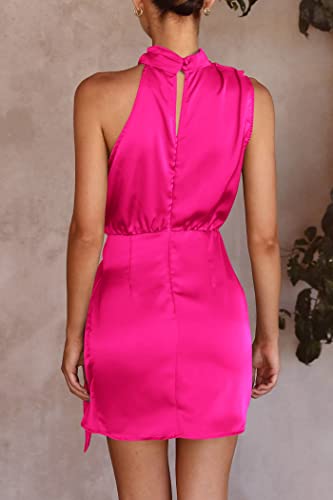 PRETTYGARDEN Women's Short Formal Satin Dress Summer Sleeveless Mock Neck Tie Waist Cocktail Party Dresses (Rose Red,Small)
