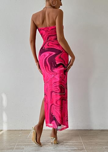 PRETTYGARDEN Women's Summer Maxi Bodycon Dresses Strapless Tube Top Printed Long Party Club Slit Dress (Print Rose Red,Small)