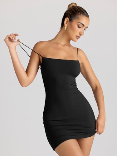 LILLUSORY Summer Dresses for Women 2024 Short Dress Backless Spaghetti Strap Tight Dresses Party Club Dress Black