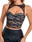 WDIRARA Women's Black Lace Cut Out Corset Top