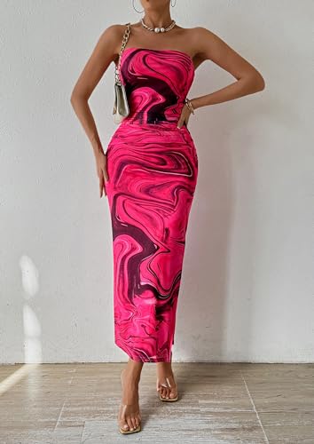 PRETTYGARDEN Women's Summer Maxi Bodycon Dresses Strapless Tube Top Printed Long Party Club Slit Dress (Print Rose Red,Small)