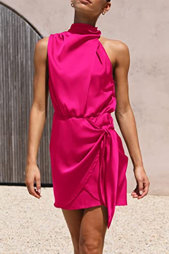 PRETTYGARDEN Women's Short Formal Satin Dress Summer Sleeveless Mock Neck Tie Waist Cocktail Party Dresses (Rose Red,Small)