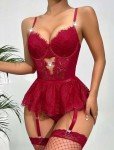 Wine Red Underwire Corset Bodysuit Lingerie Set
