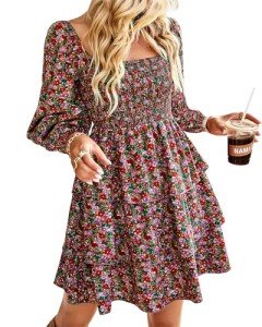 Floral Print High-Waisted Square Neck Dress