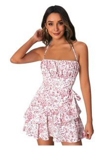 Floerns Women's Floral Print Sleeveless Halter Tie Back Layered Hem Cami Mini Dress Pink and White Small