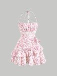 Floerns Women's Floral Print Sleeveless Halter Tie Back Layered Hem Cami Mini Dress Pink and White Small