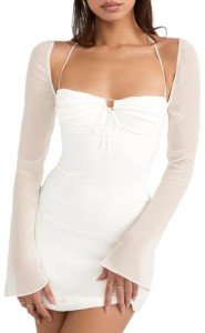 Zebaexf Women's Mesh Dress Long Puff Sleeve Mini Bodycon Party Clubwear for Women S