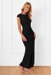 MEROKEETY Women's Cap Sleeve Rib Knit Maxi Dress Crew Neck Slim Fit Bodycon Summer Sweater Dresses, Black, M