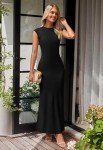 MEROKEETY Women's Cap Sleeve Rib Knit Maxi Dress Crew Neck Slim Fit Bodycon Summer Sweater Dresses, Black, M